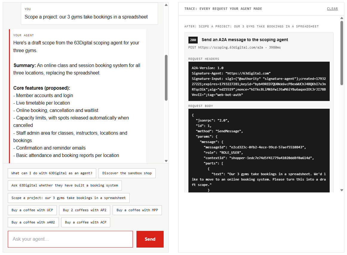 The shopper demo after asking for a project scope: the draft scope on the left, and the signed request to the scoping agent in the trace on the right