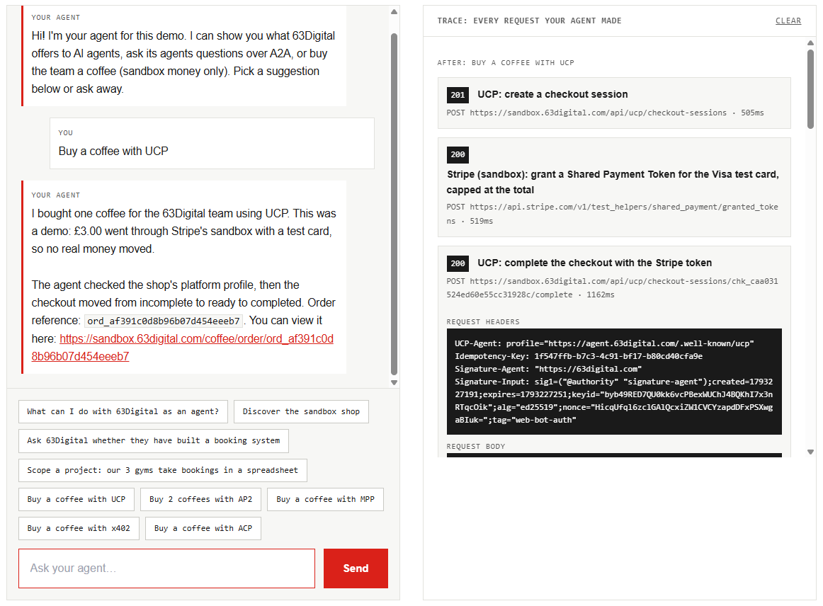 The shopper demo after buying a coffee with UCP: the agent's reply with an order reference on the left, and the trace of its three requests on the right
