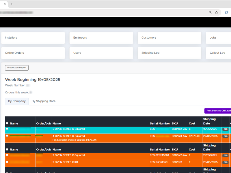 The production dashboard showing the current build queue